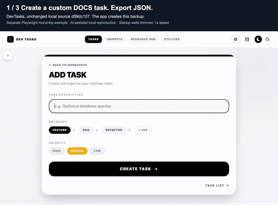 DevTasksでDOCS分類のタスクを作成してJSONを出力。空の別ブラウザ環境では復元を拒否され、標準のFEATURE分類は復元・再読込できる実際の操作。